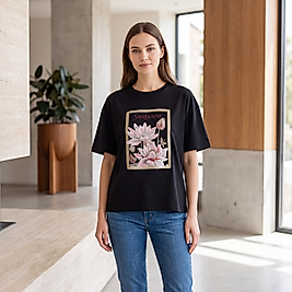 Siyah Baskılı Pamuklu Kadın Tshirt